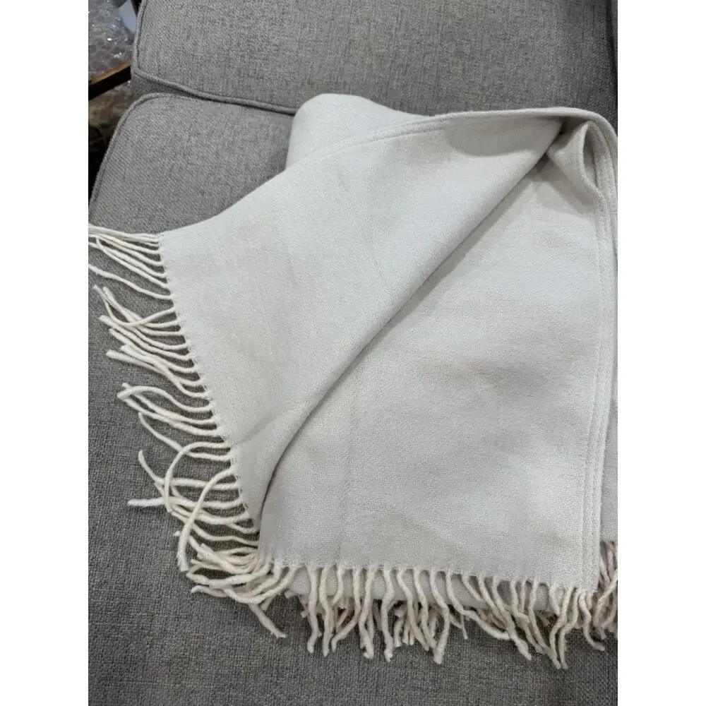 Pom Pom At Home Billie Cotton Throw Ivory Blue 50 “x 70” Fringe NEW